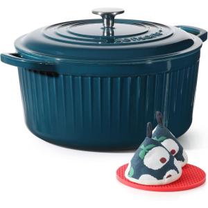 imageSENSARTE Enameled Cast Iron Dutch Oven Pot with Lid 55 Quart HeavyDuty Round Dual Handles Kitchen Pot with Cotton Potholders amp Silicone Trivet Pot for Bread Baking Stews Braising Roasting Oven Safe up to 500F RedEmerald Green